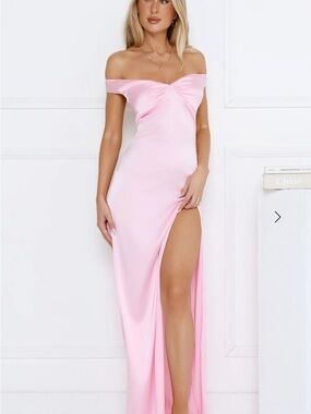 Hello Molly Off-Shoulder Satin Maxi Dress in Light Pink